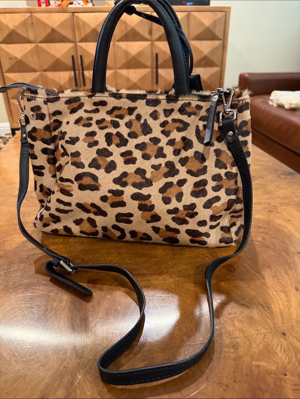 Leopard Print Satchel with Black Trim and Strap